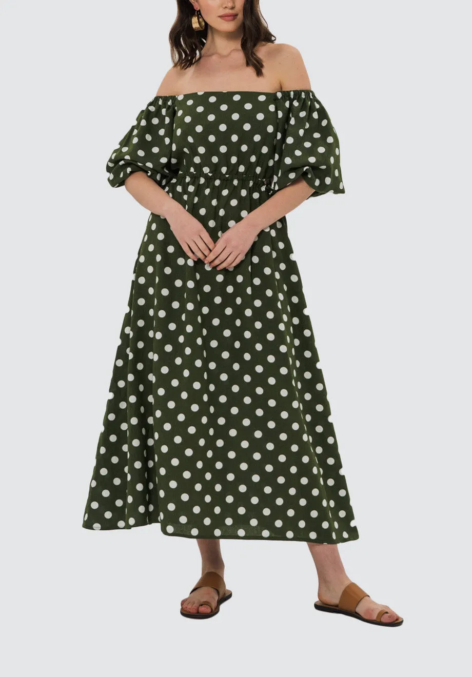 Ophelle Midi Dress | Khaki Polka Dot