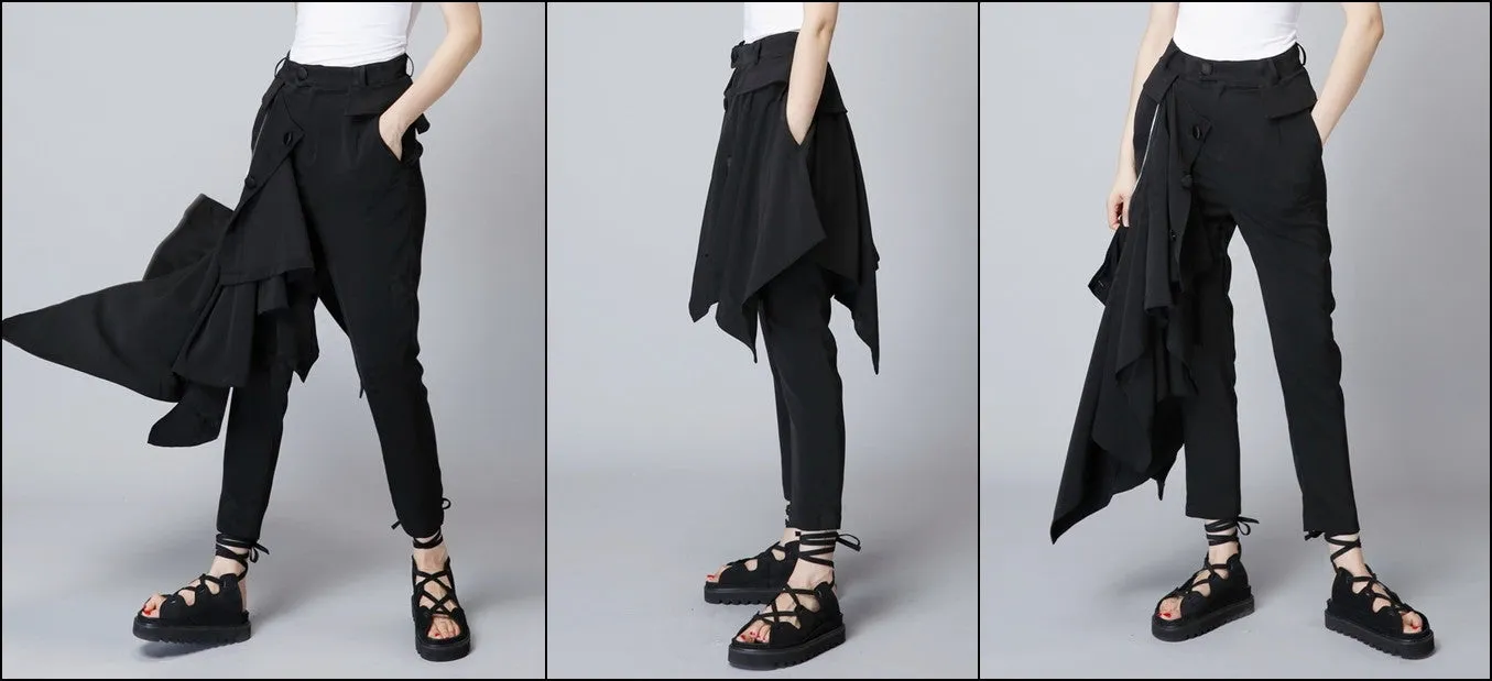 Original Design High Waist Skinny Leg Skirt Layer Crepe Pants // Asymmetrical Skirt Layer Trouser