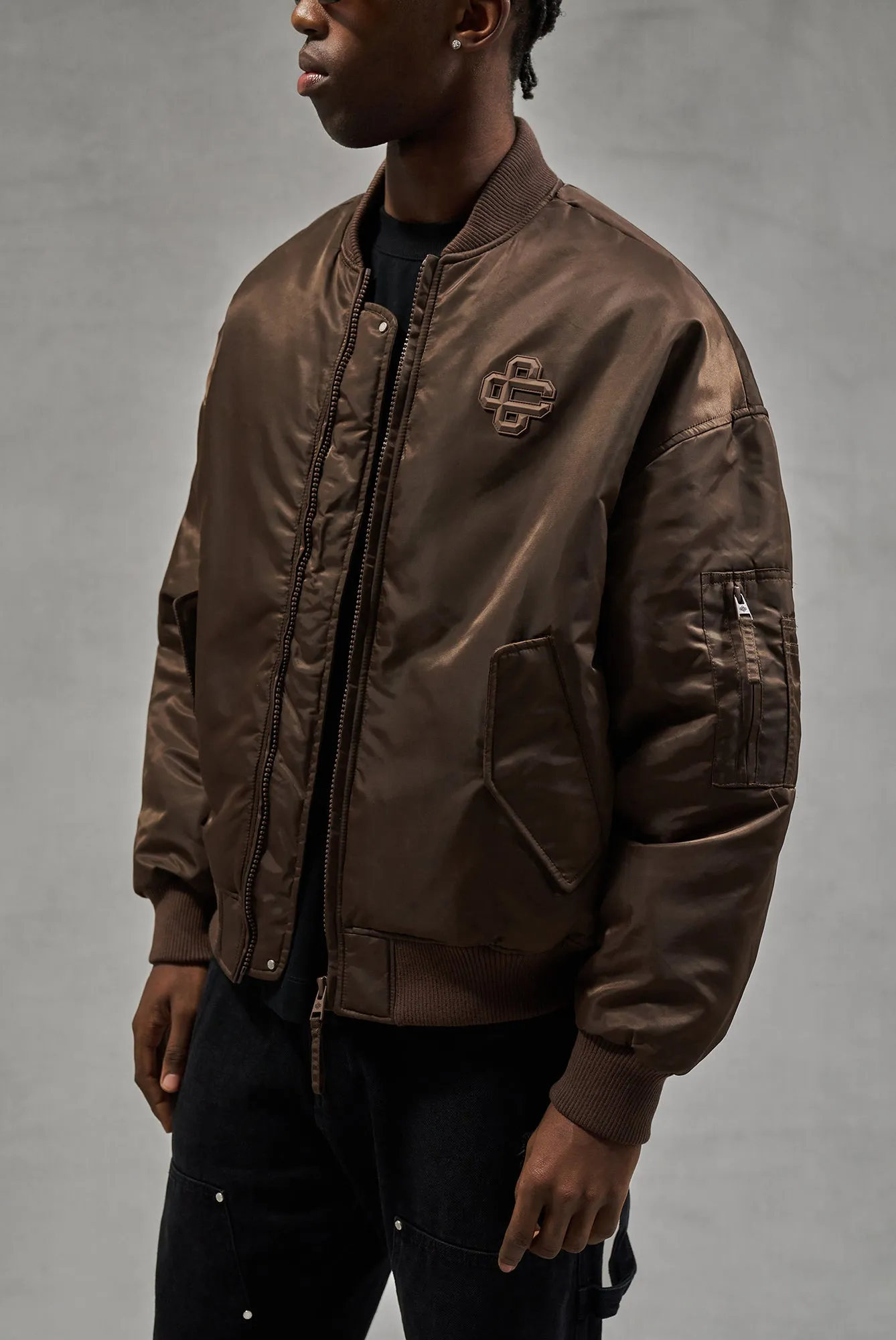 OVERSIZED EMBLEM BOMBER JACKET - BROWN