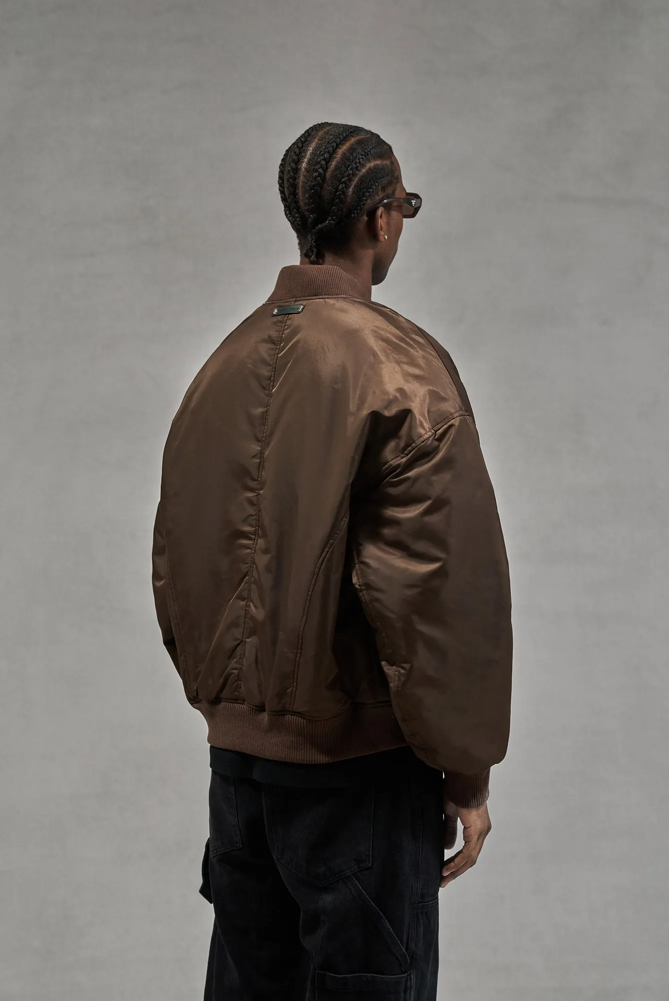 OVERSIZED EMBLEM BOMBER JACKET - BROWN