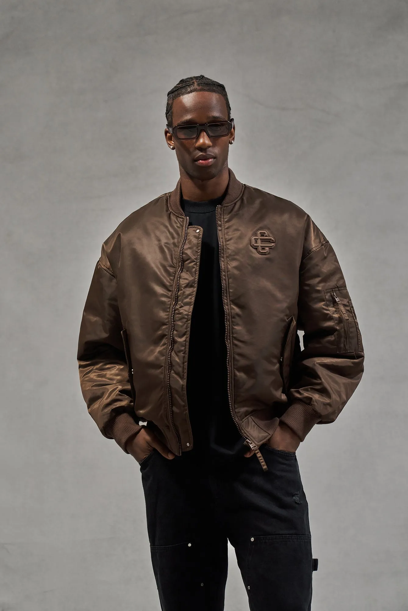 OVERSIZED EMBLEM BOMBER JACKET - BROWN