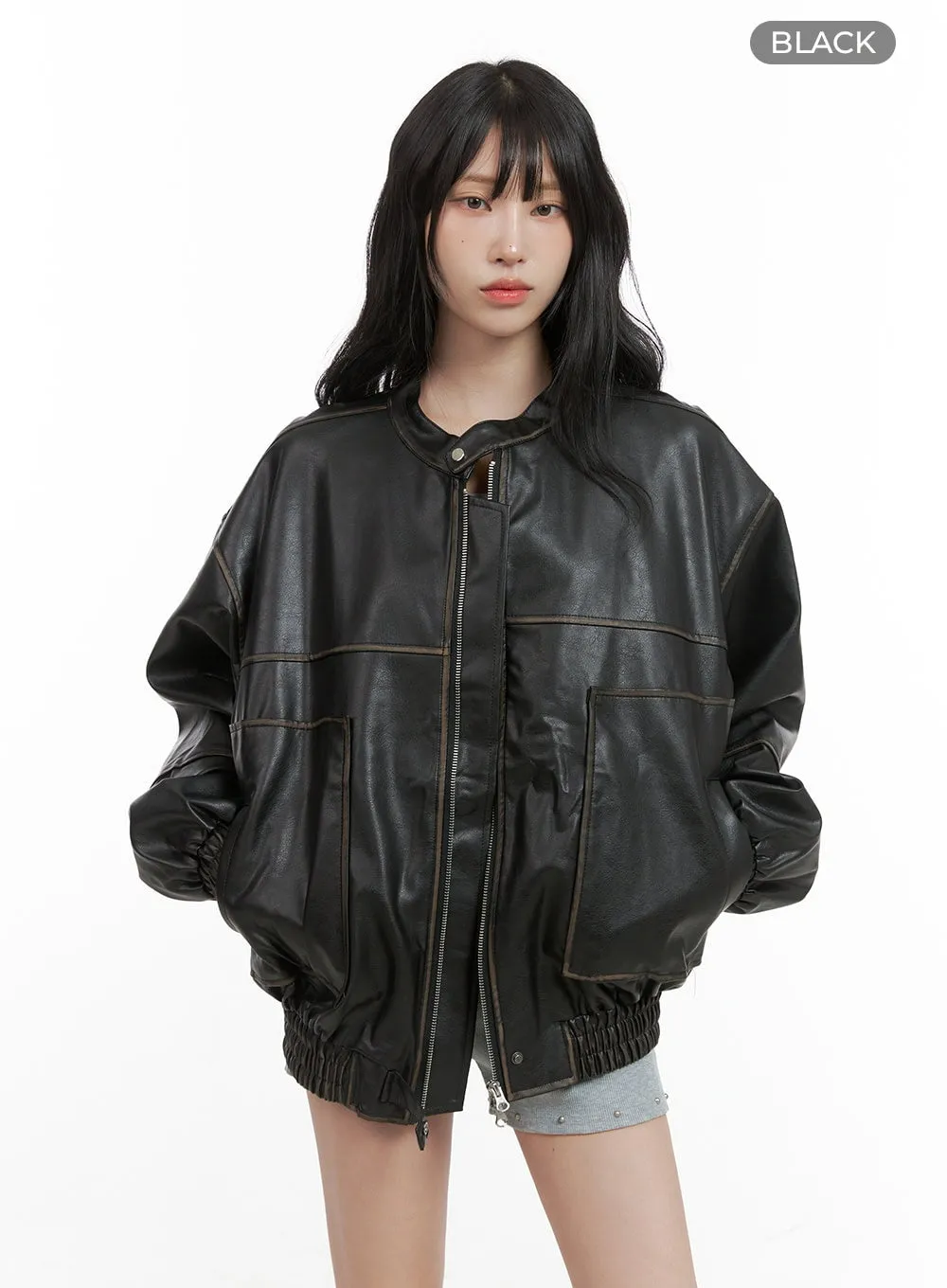 Oversized Faux Leather Bomber Jacket (UNISEX) CG420