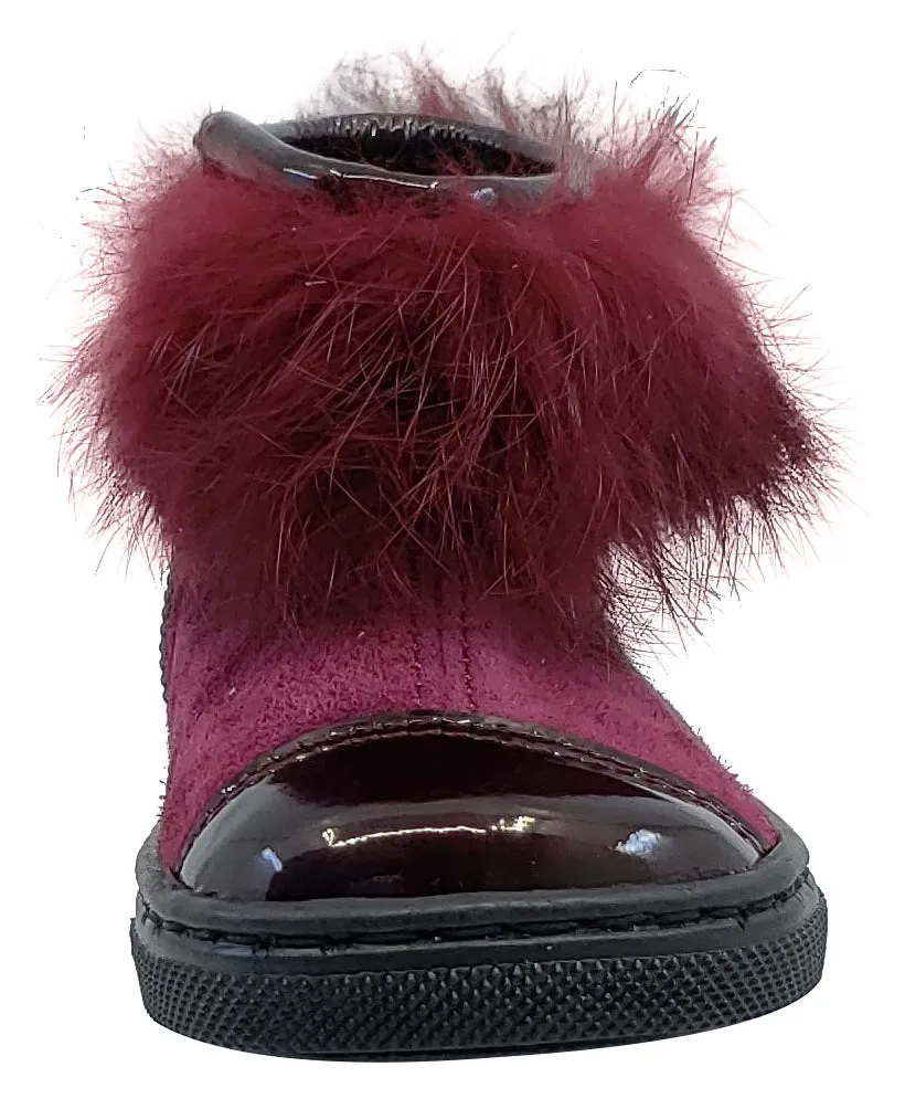 Pataletas for Boy's and Girl's Burgundy Leather Patent Suede Zipper Collar Fur Bootie