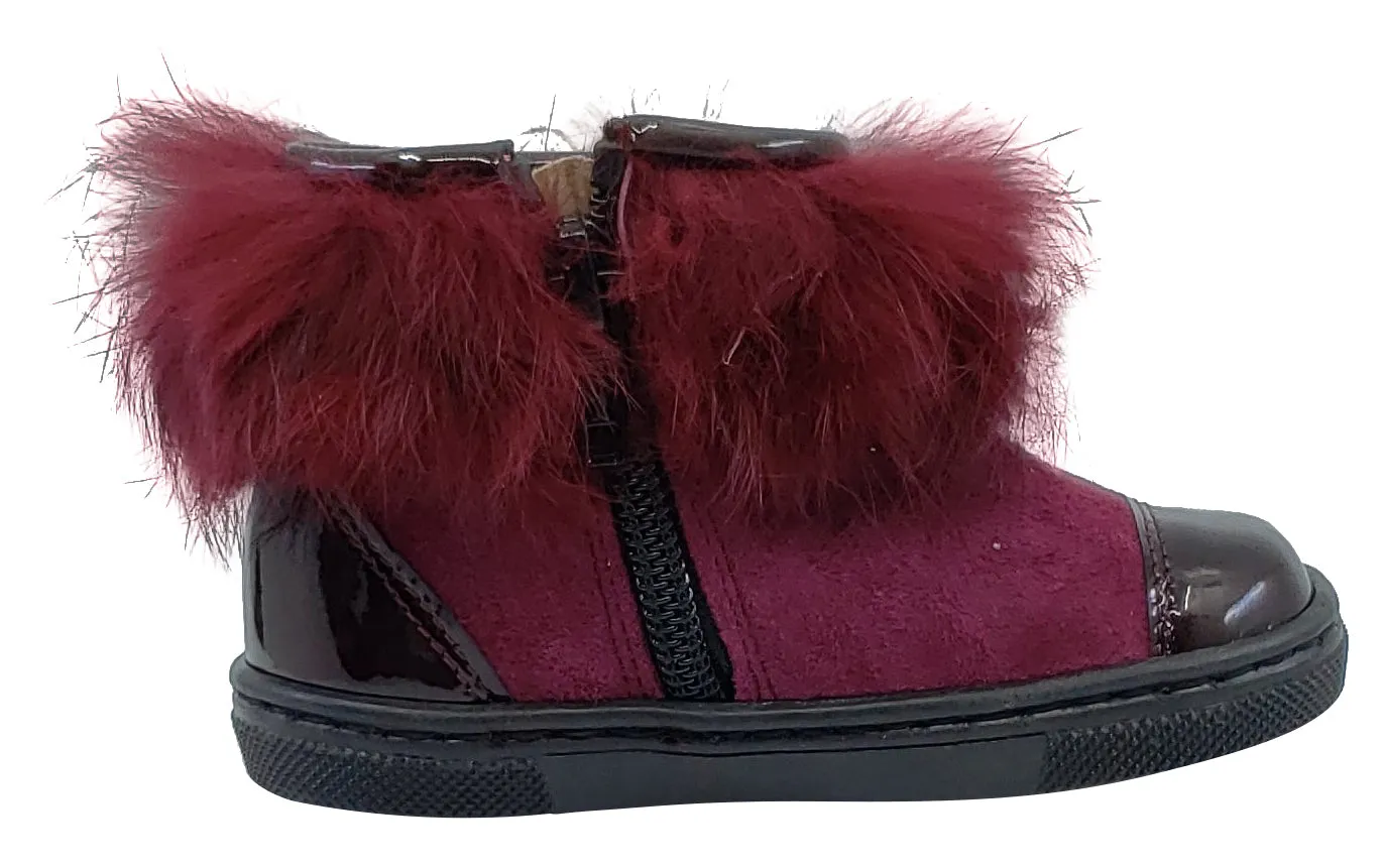 Pataletas for Boy's and Girl's Burgundy Leather Patent Suede Zipper Collar Fur Bootie