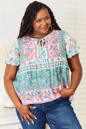 Perfee Floral Tie Neck Short Sleeve Blouse