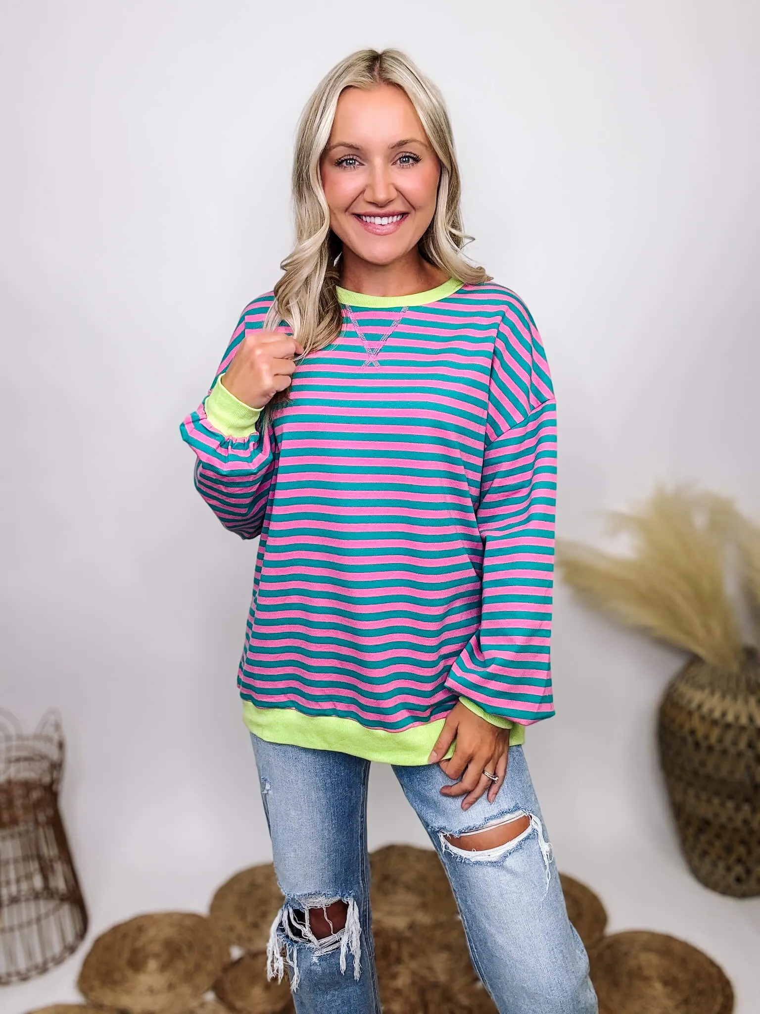 Pink and Green Striped Crewneck Pullover