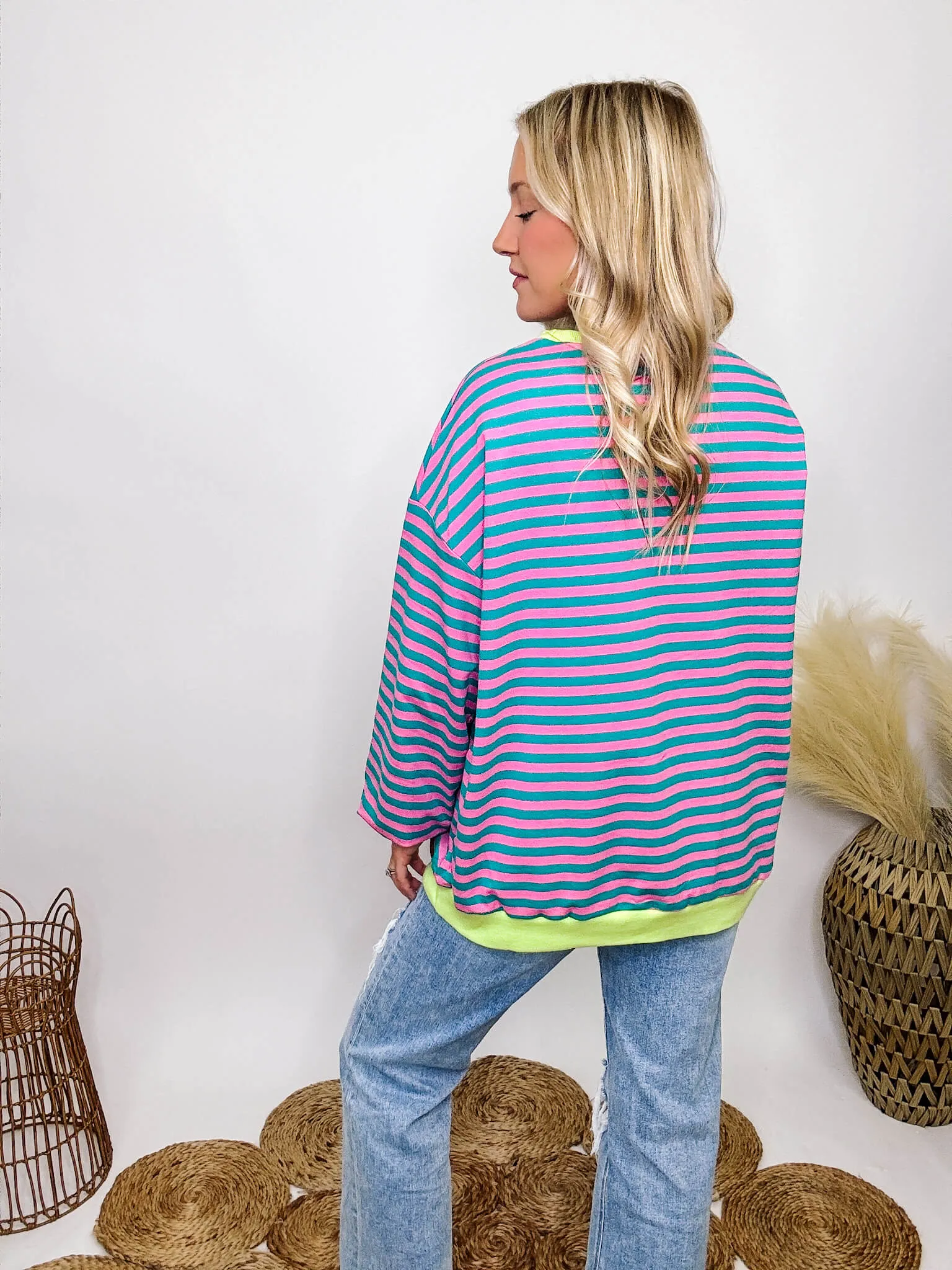 Pink and Green Striped Crewneck Pullover