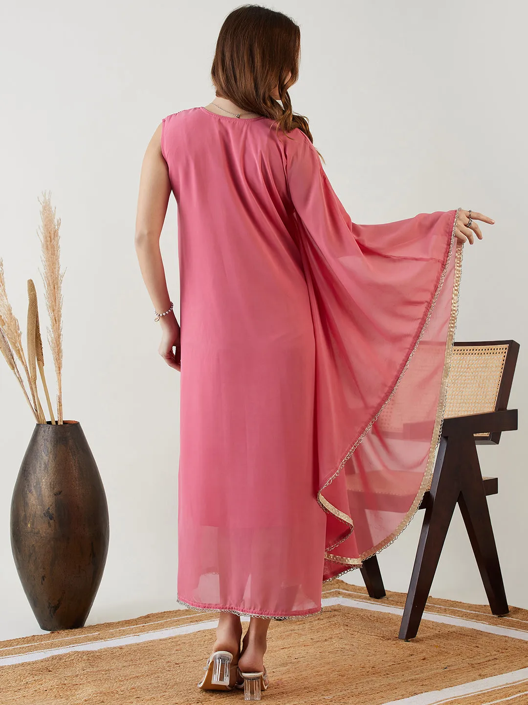 Pink Hand Embroidered Asymmetrical Kaftan Party Dress