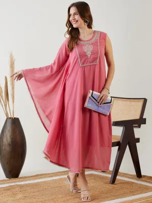 Pink Hand Embroidered Asymmetrical Kaftan Party Dress