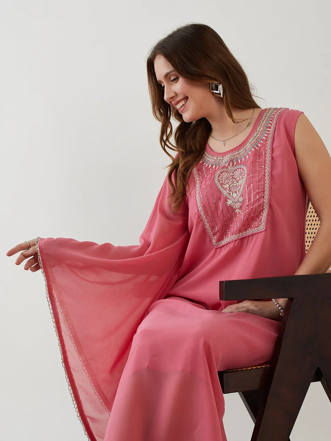 Pink Hand Embroidered Asymmetrical Kaftan Party Dress