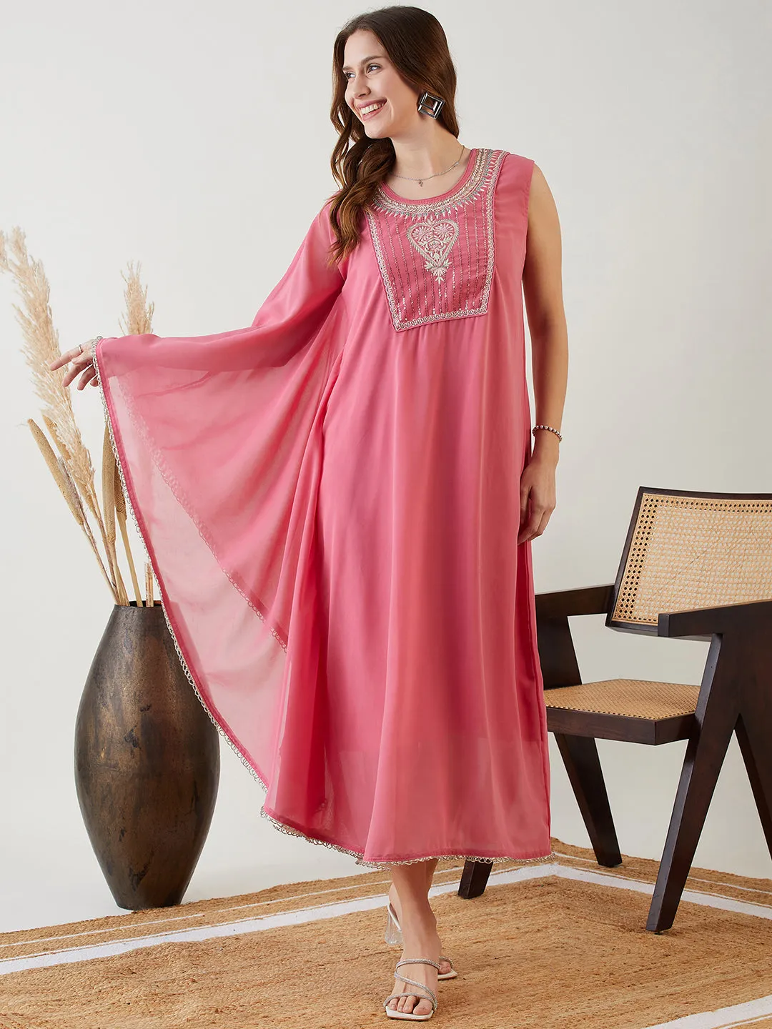 Pink Hand Embroidered Asymmetrical Kaftan Party Dress