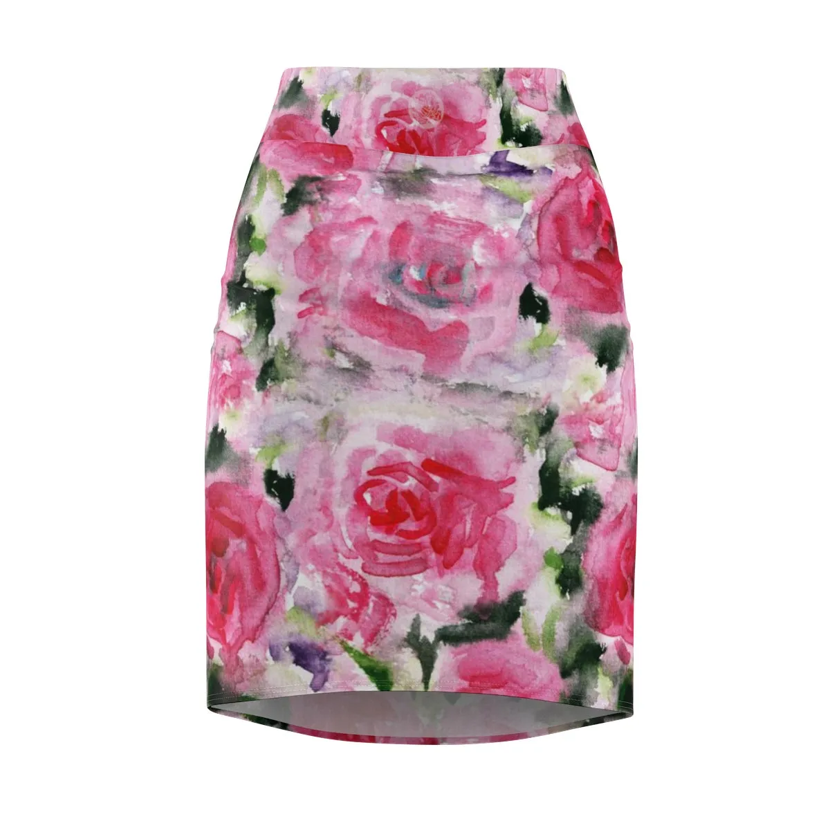 Pink Misty Flower Pencil Skirt, Best Rose Floral Designer Women's Mid-Waist Pencil Skirt - Made in USA