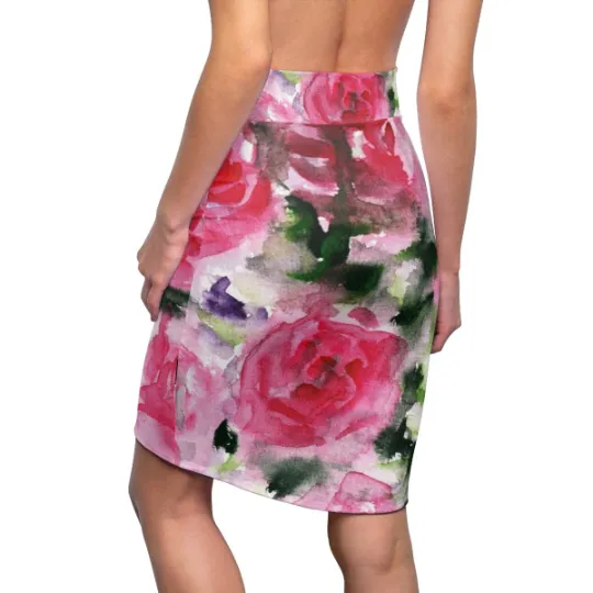 Pink Misty Flower Pencil Skirt, Best Rose Floral Designer Women's Mid-Waist Pencil Skirt - Made in USA