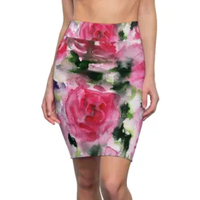 Pink Misty Flower Pencil Skirt, Best Rose Floral Designer Women's Mid-Waist Pencil Skirt - Made in USA