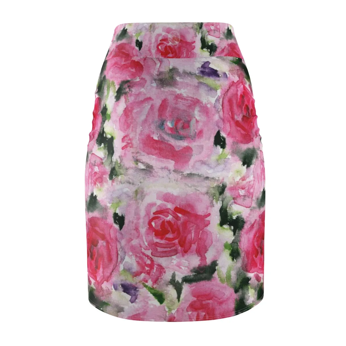 Pink Misty Flower Pencil Skirt, Best Rose Floral Designer Women's Mid-Waist Pencil Skirt - Made in USA