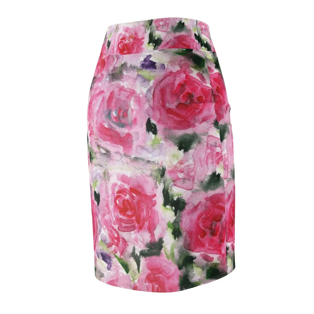 Pink Misty Flower Pencil Skirt, Best Rose Floral Designer Women's Mid-Waist Pencil Skirt - Made in USA