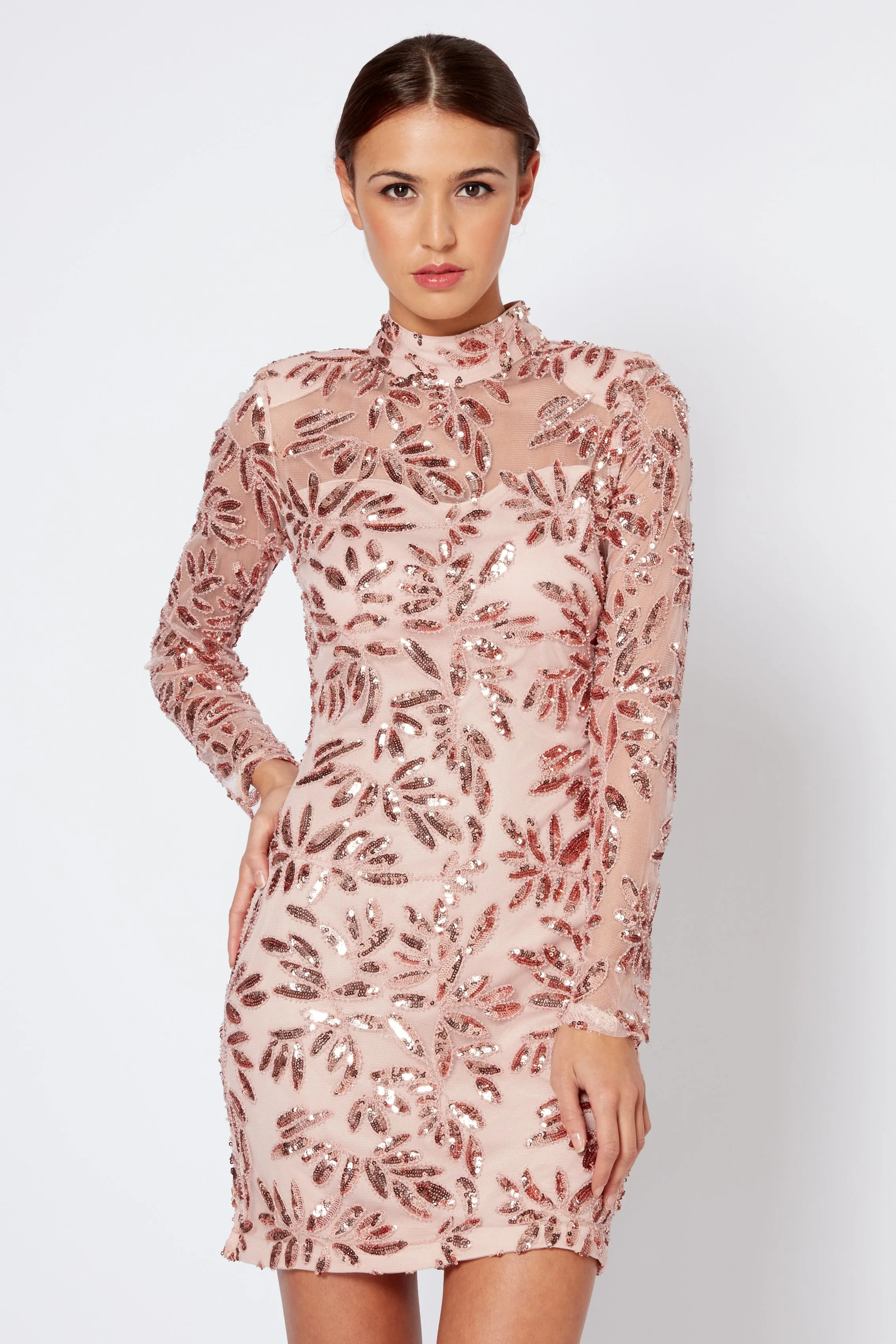 Pink Sequins Mesh High Neck Bodycon Dress