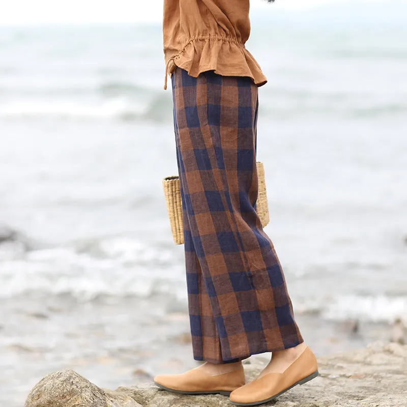 Plaid Linen Summer Wide  Leg Pants Autumn Women Casual Pants SMM97239