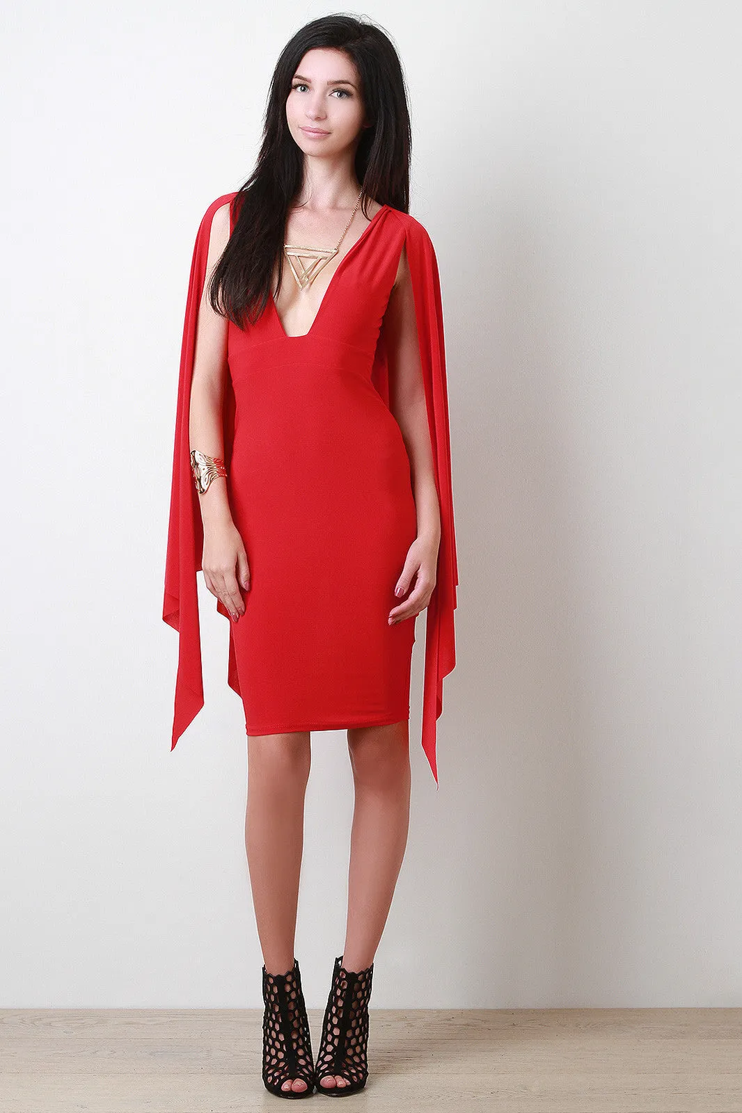 Plunging Neckline Cape Sleeve Bodycon Dress