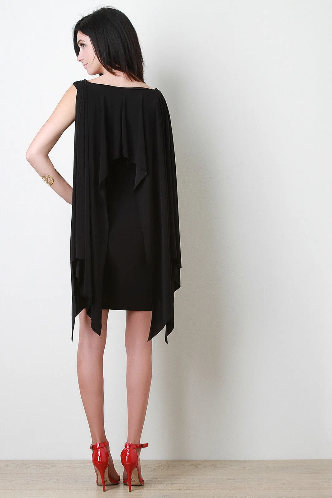 Plunging Neckline Cape Sleeve Bodycon Dress