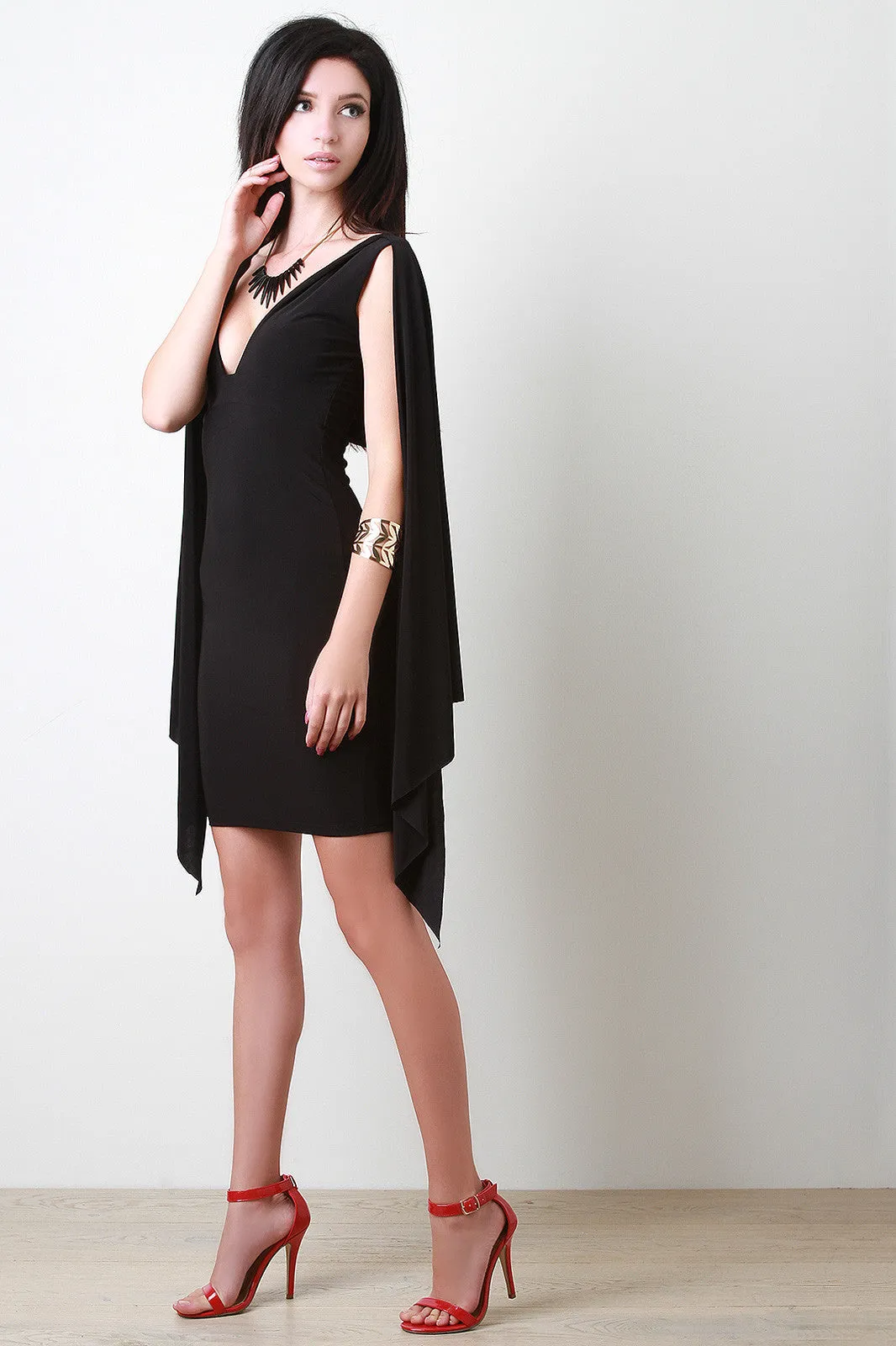 Plunging Neckline Cape Sleeve Bodycon Dress