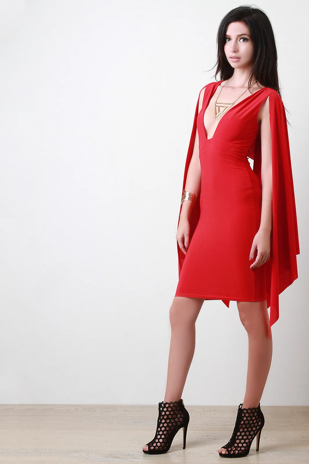 Plunging Neckline Cape Sleeve Bodycon Dress