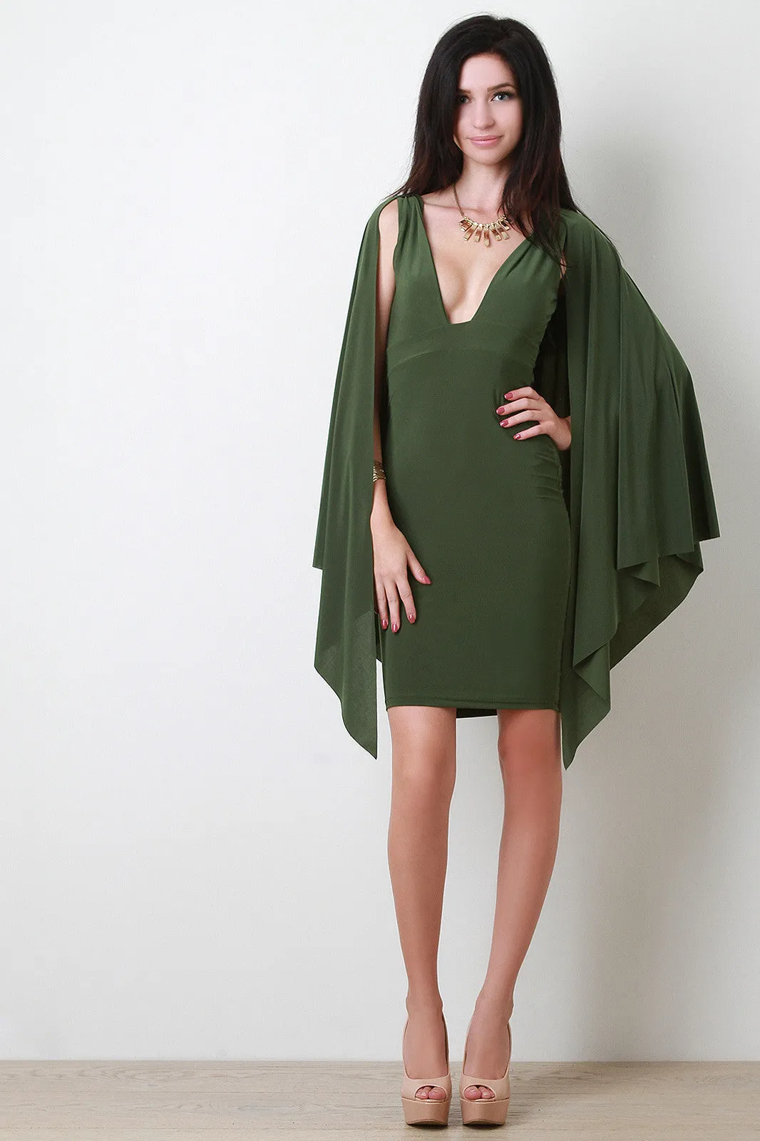 Plunging Neckline Cape Sleeve Bodycon Dress