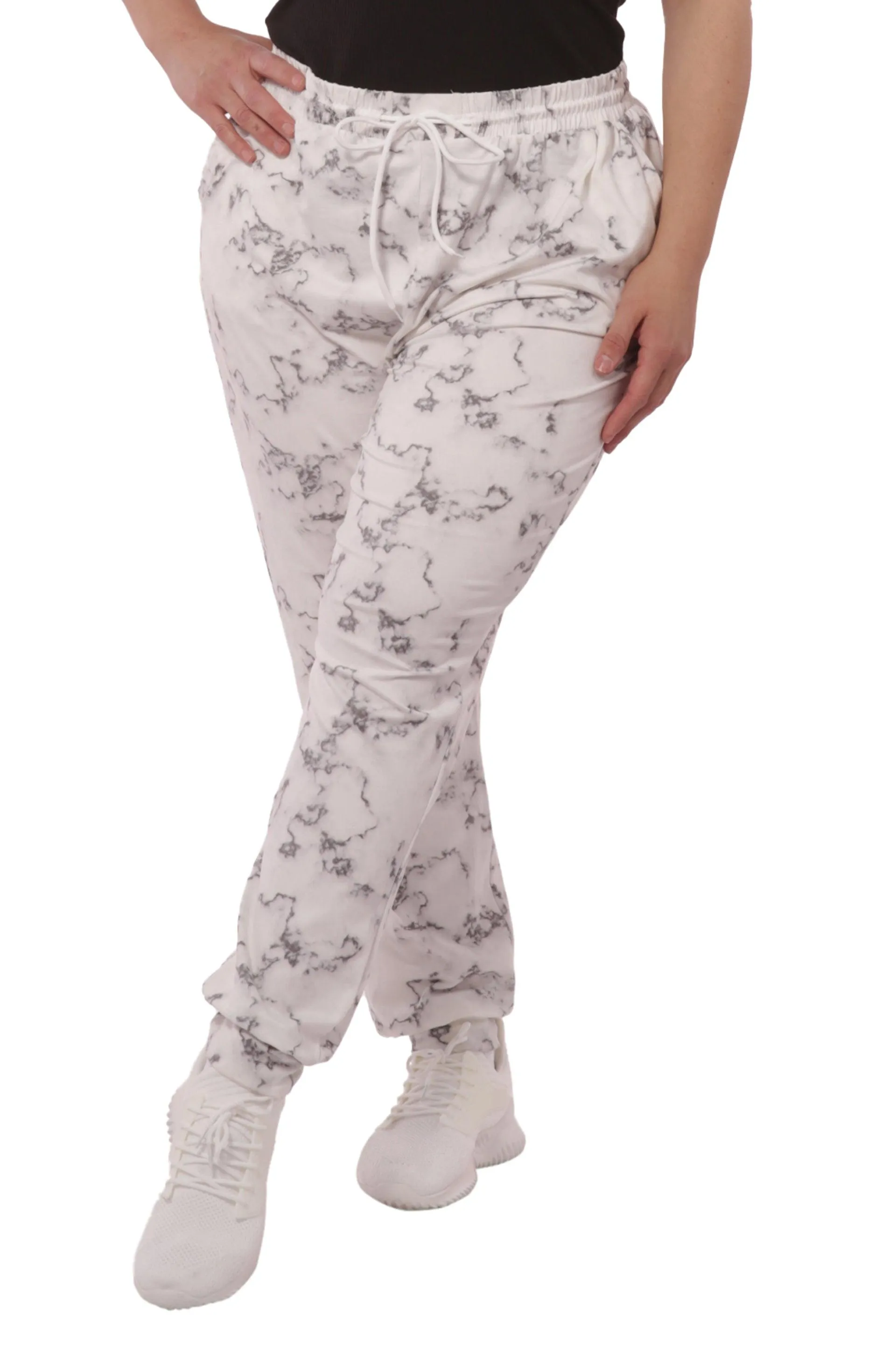 Plus Size Soft Brushed Joggers With Shoe Lace Tie - Grey & White Marble