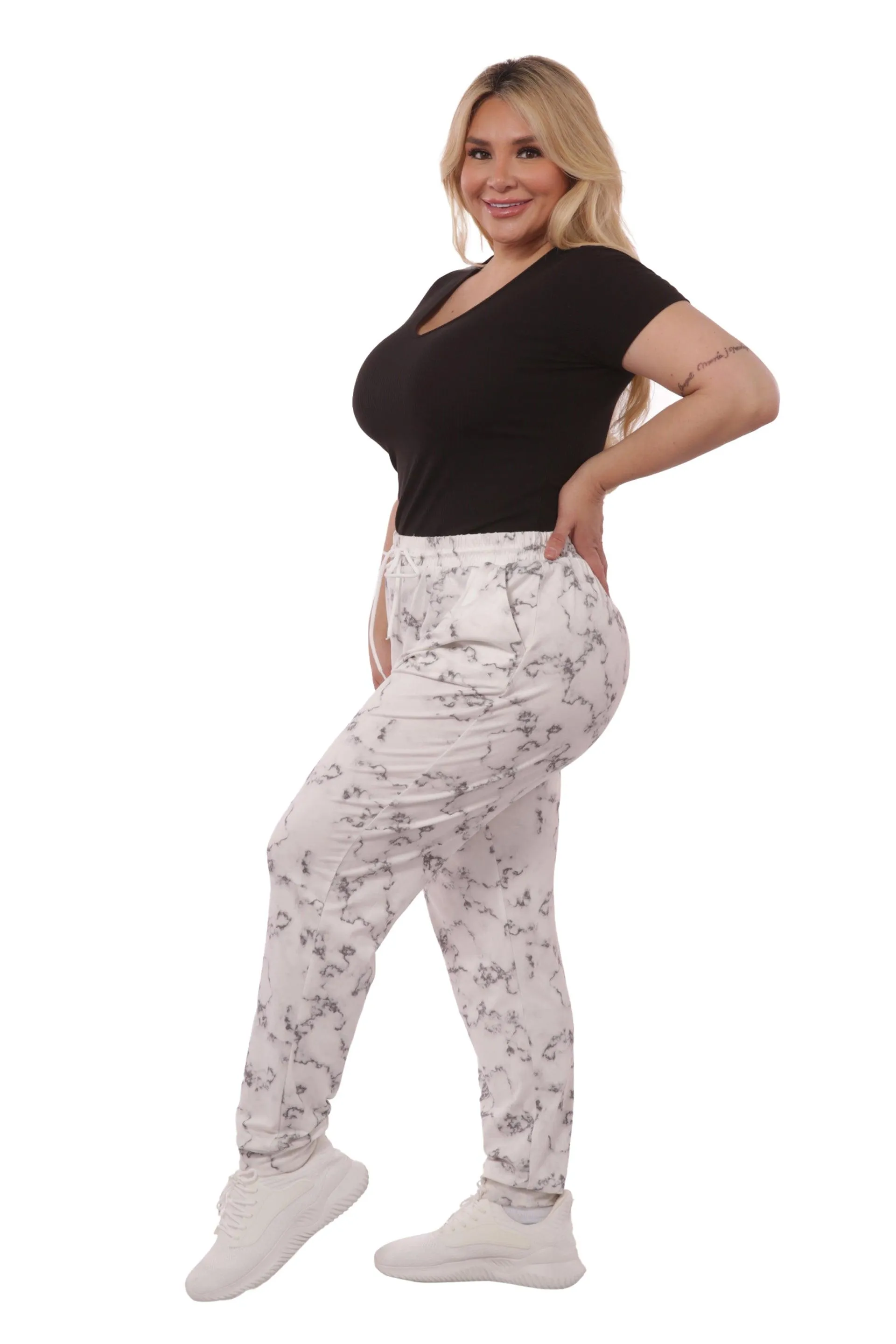 Plus Size Soft Brushed Joggers With Shoe Lace Tie - Grey & White Marble