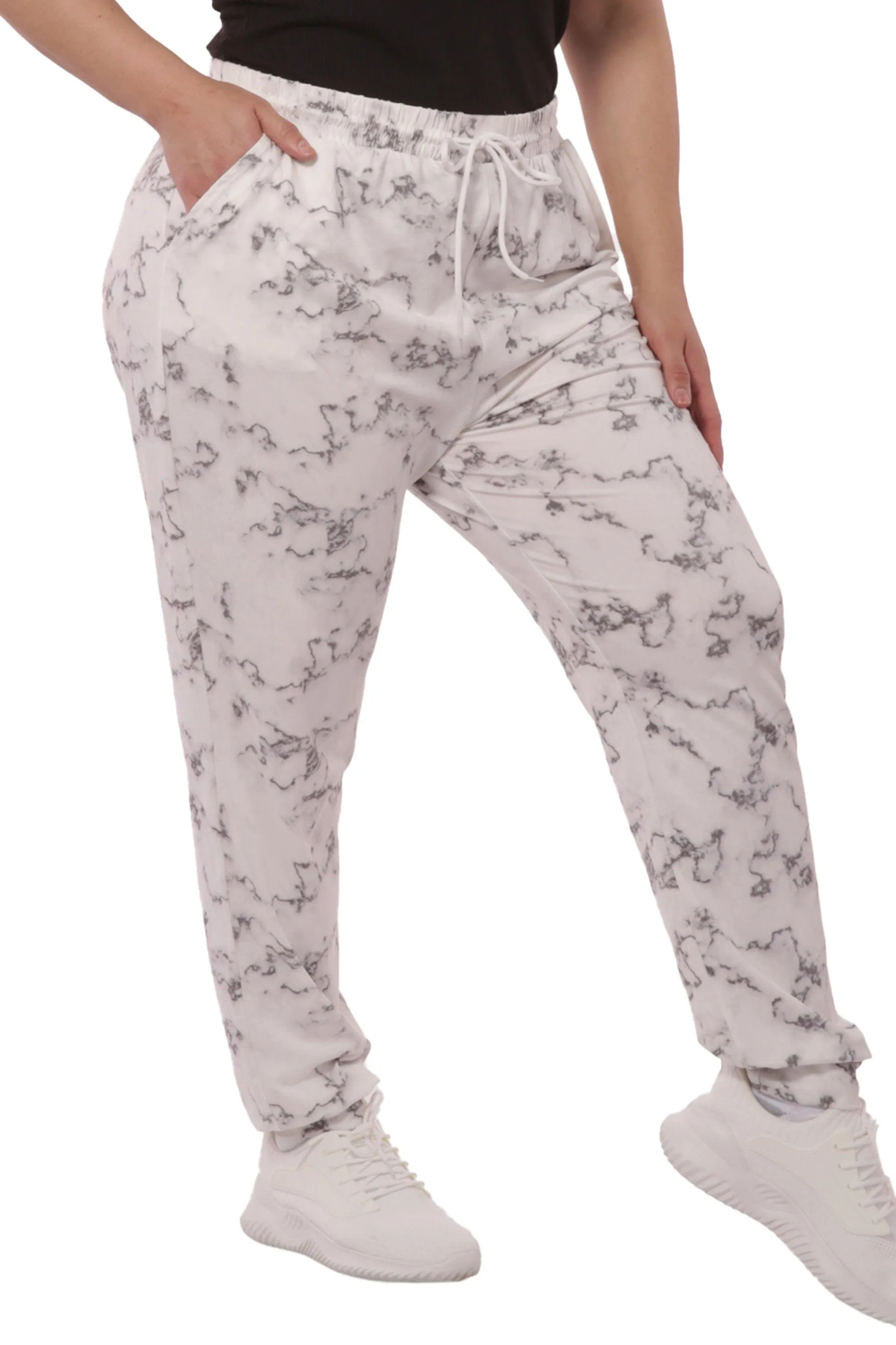 Plus Size Soft Brushed Joggers With Shoe Lace Tie - Grey & White Marble