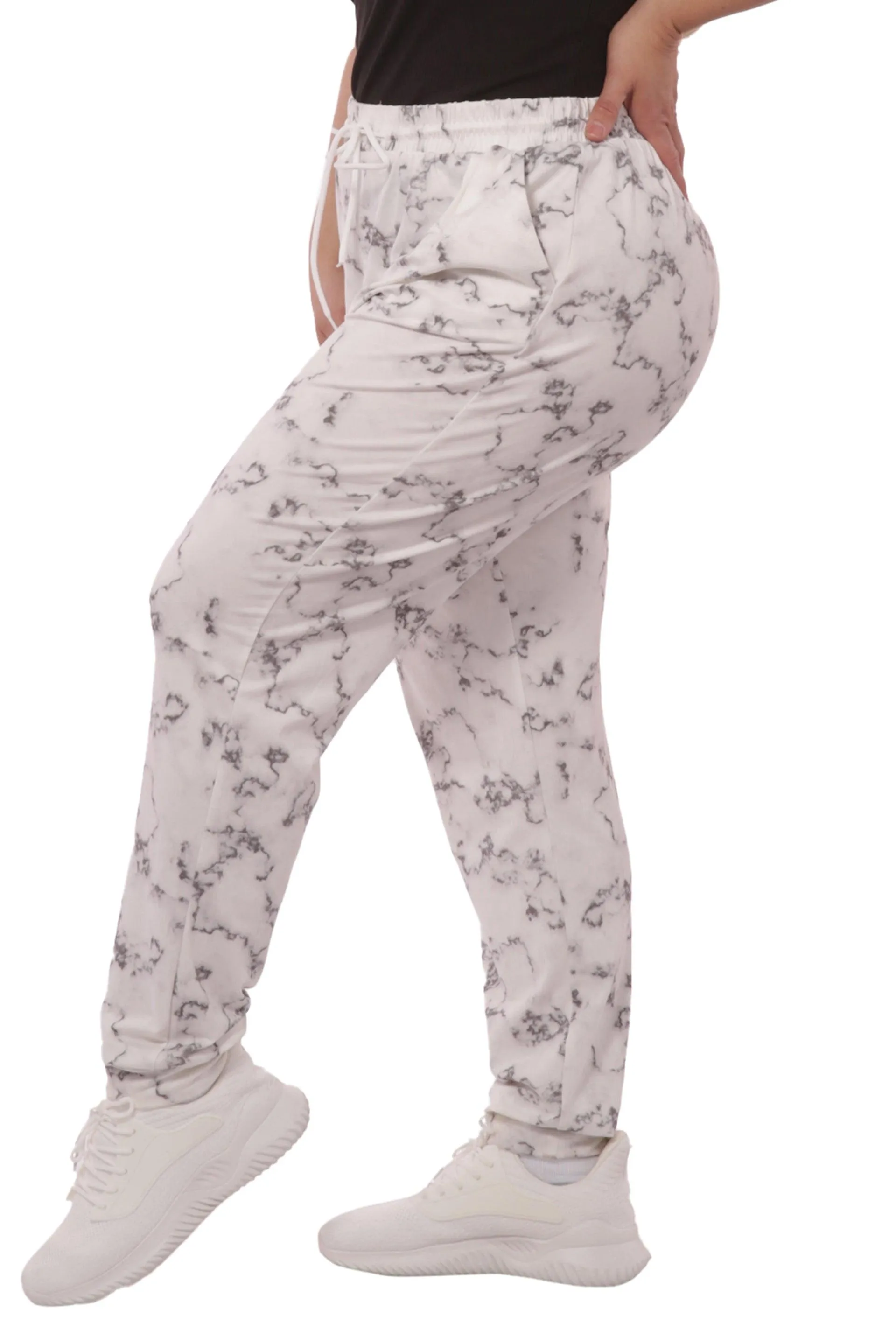 Plus Size Soft Brushed Joggers With Shoe Lace Tie - Grey & White Marble