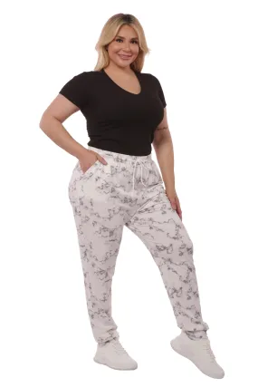 Plus Size Soft Brushed Joggers With Shoe Lace Tie - Grey & White Marble