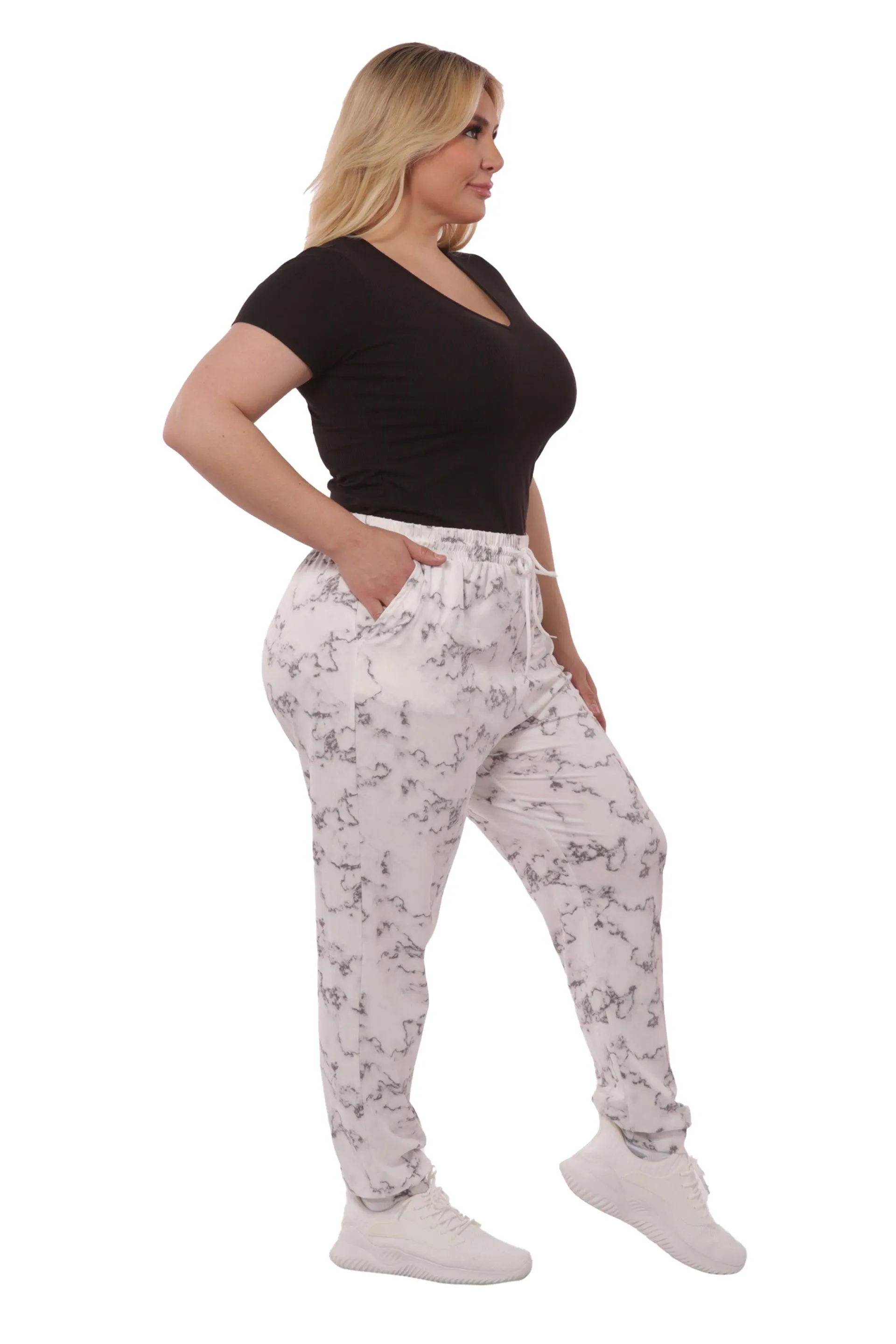 Plus Size Soft Brushed Joggers With Shoe Lace Tie - Grey & White Marble