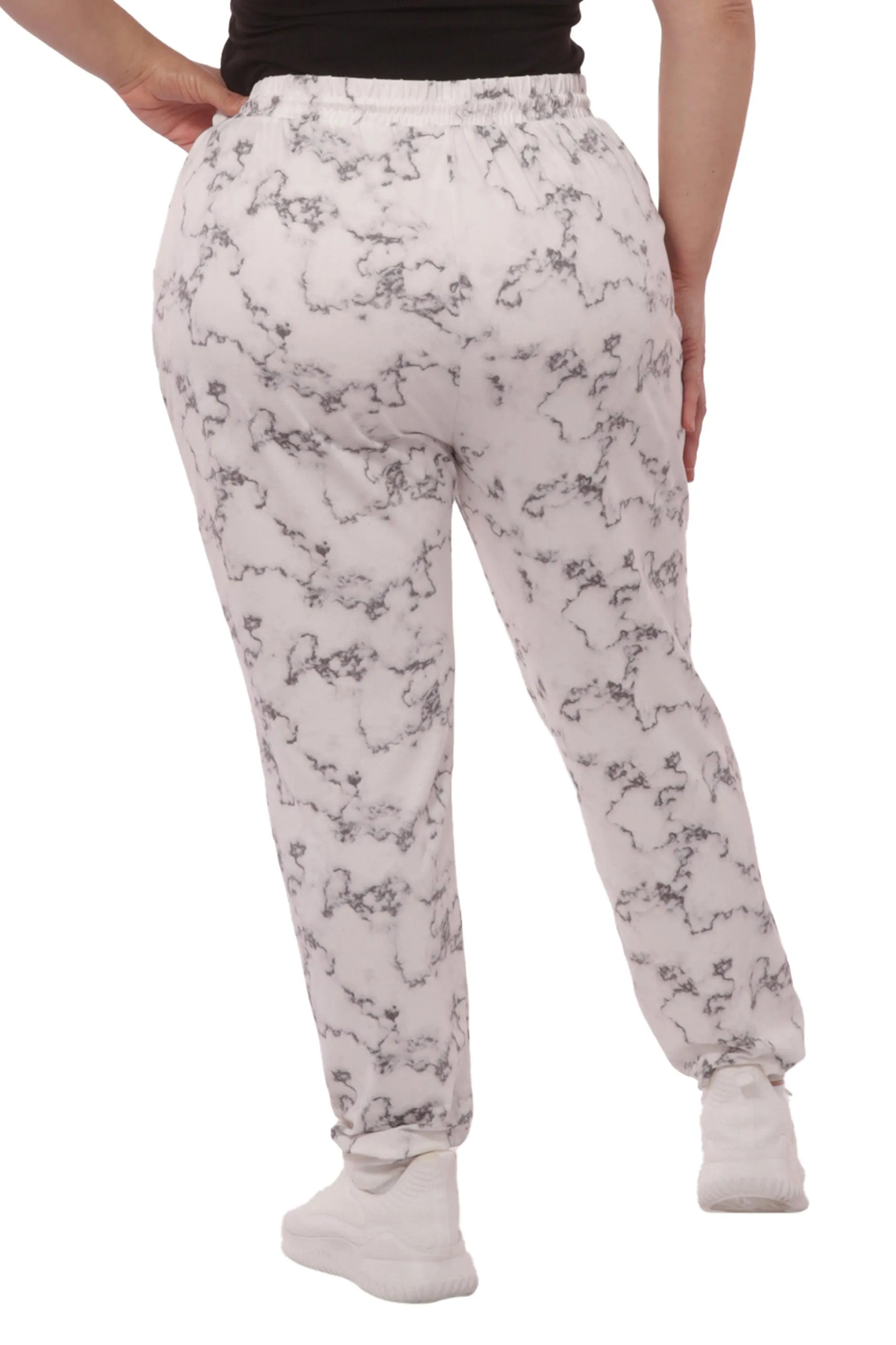 Plus Size Soft Brushed Joggers With Shoe Lace Tie - Grey & White Marble