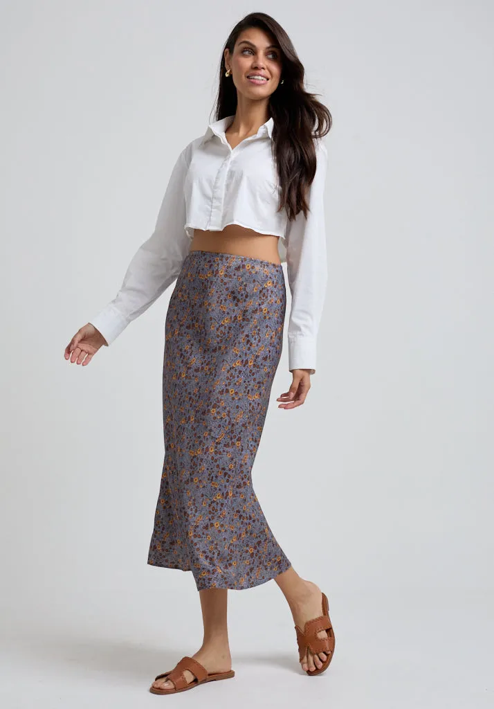 Poppy Bias Cut Aster Print Midi Skirt In Grey