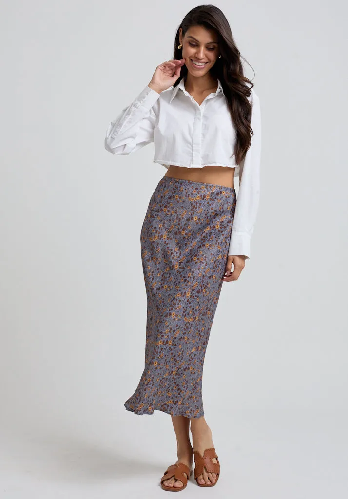 Poppy Bias Cut Aster Print Midi Skirt In Grey