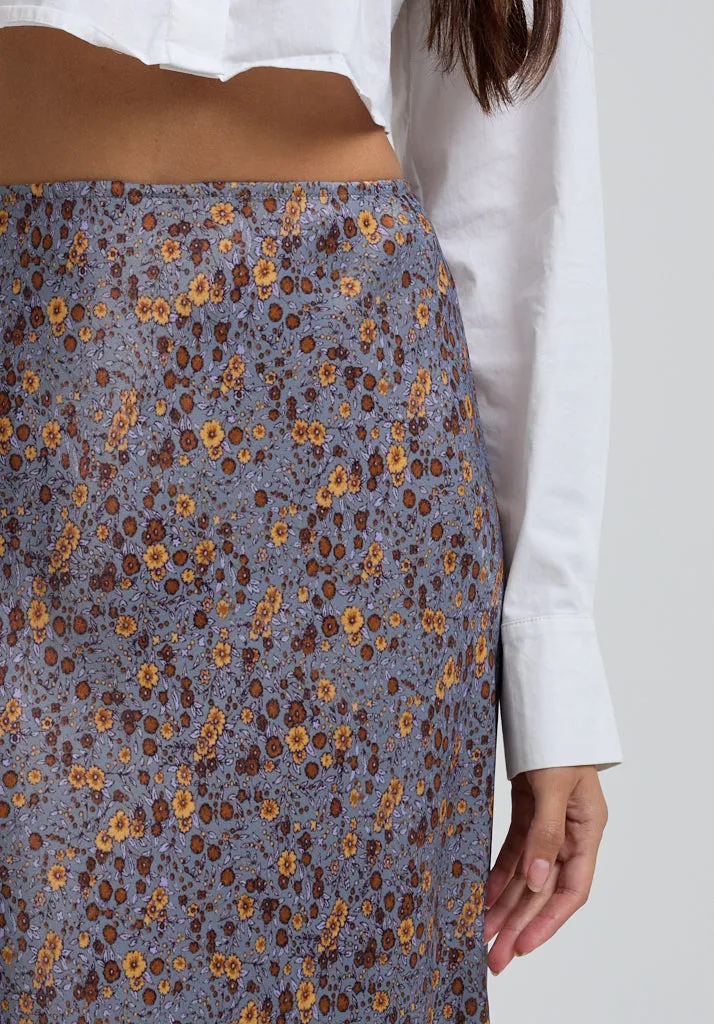 Poppy Bias Cut Aster Print Midi Skirt In Grey