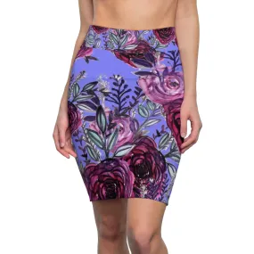 Purple Pink Floral Pencil Skirt, Best Rose Floral Print Designer Women's Pencil Skirt-Made in USA (US Size: XS-2XL)