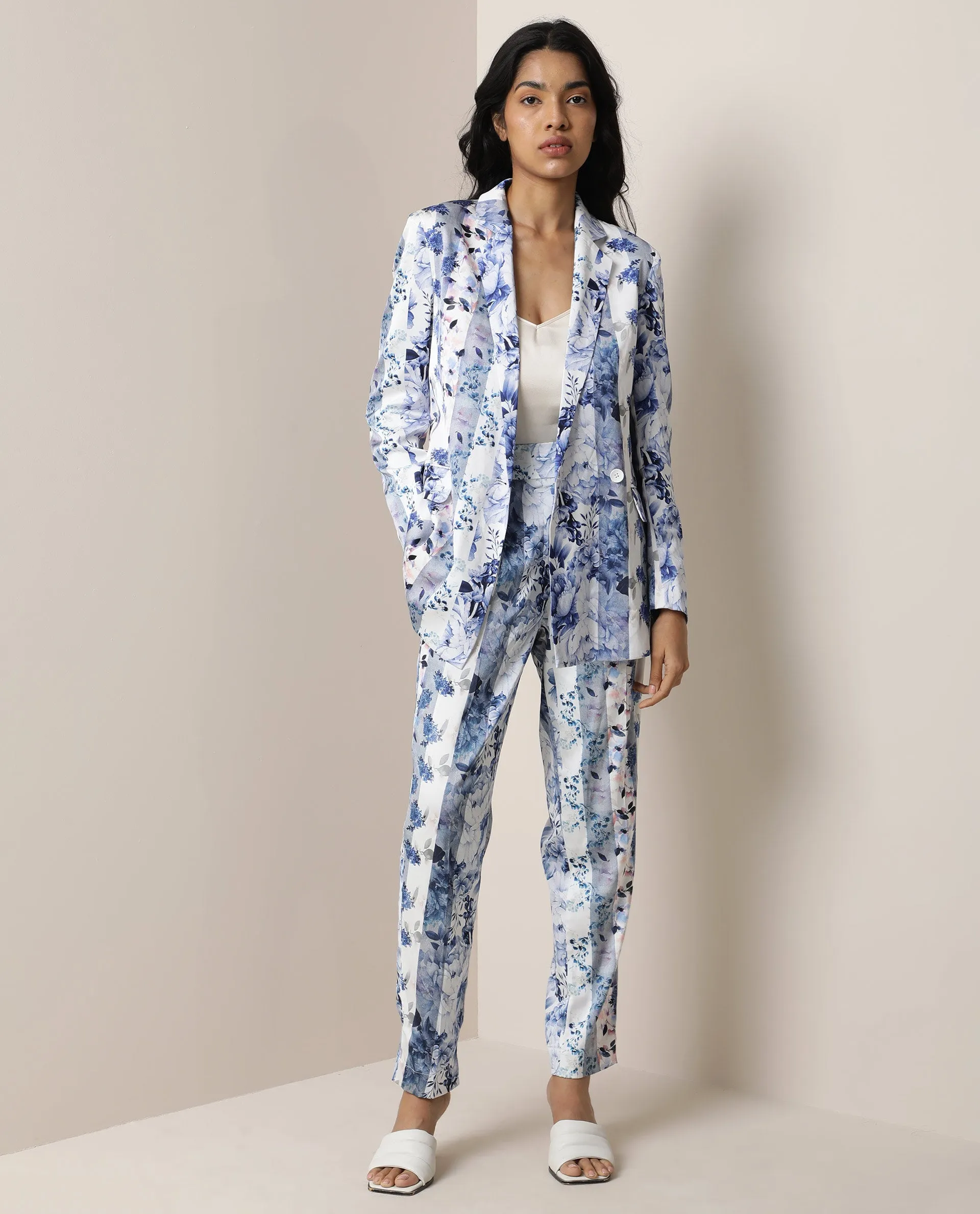 Rareism Women Shabella Light Blue Polyester Fabric Full Sleeves Button Closure Lapel Neck Tailored Fit Floral Print Blazer