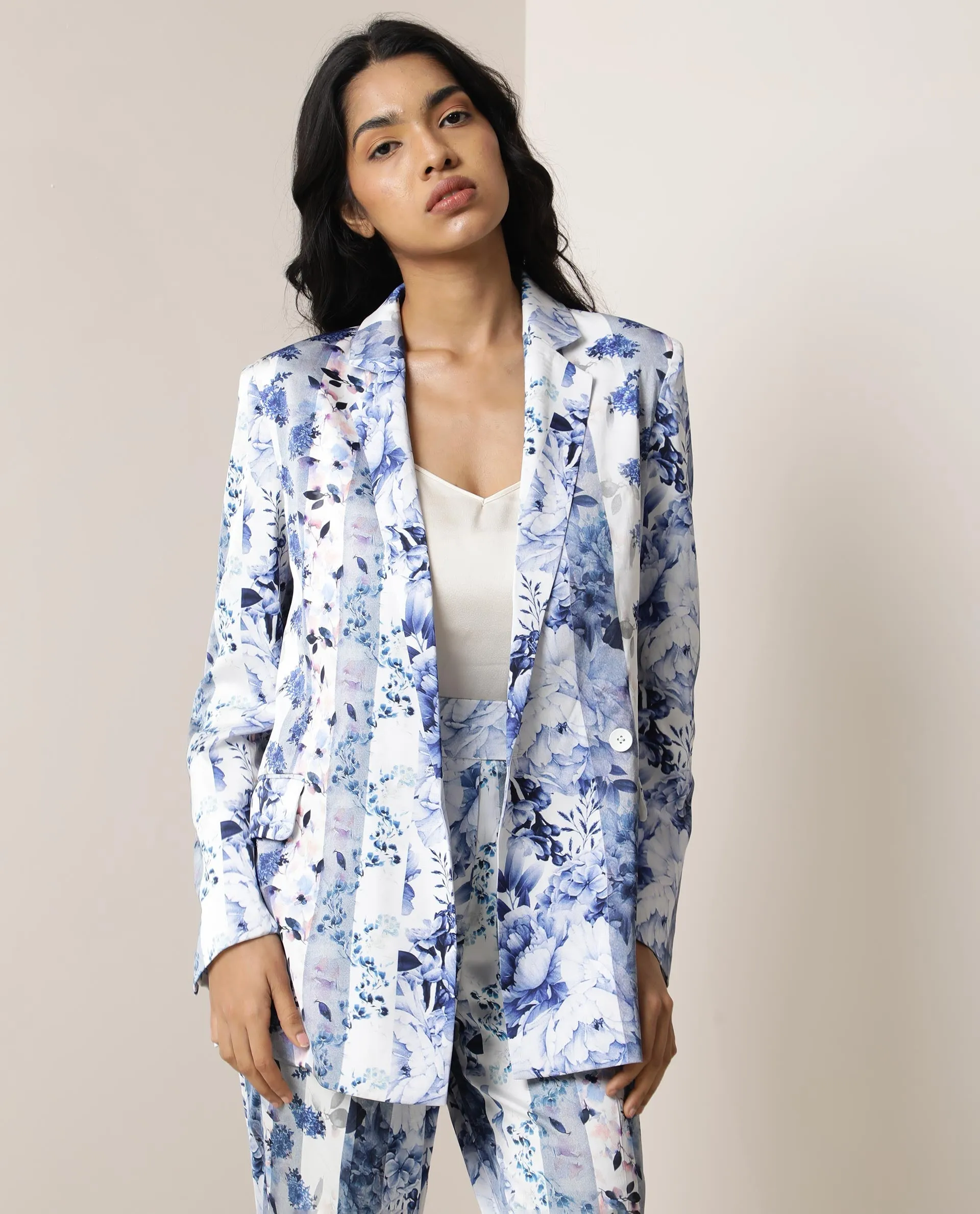 Rareism Women Shabella Light Blue Polyester Fabric Full Sleeves Button Closure Lapel Neck Tailored Fit Floral Print Blazer