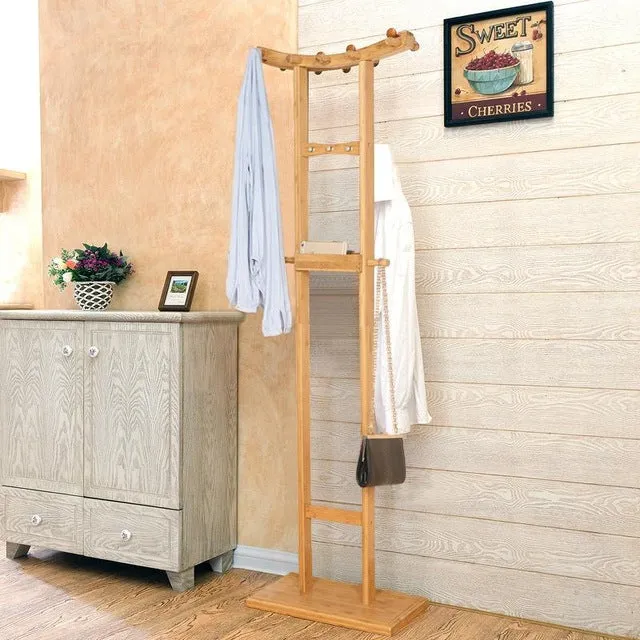 Real De Ropa Crescent Double Pole Bamboo Floor Standing Coat Rack