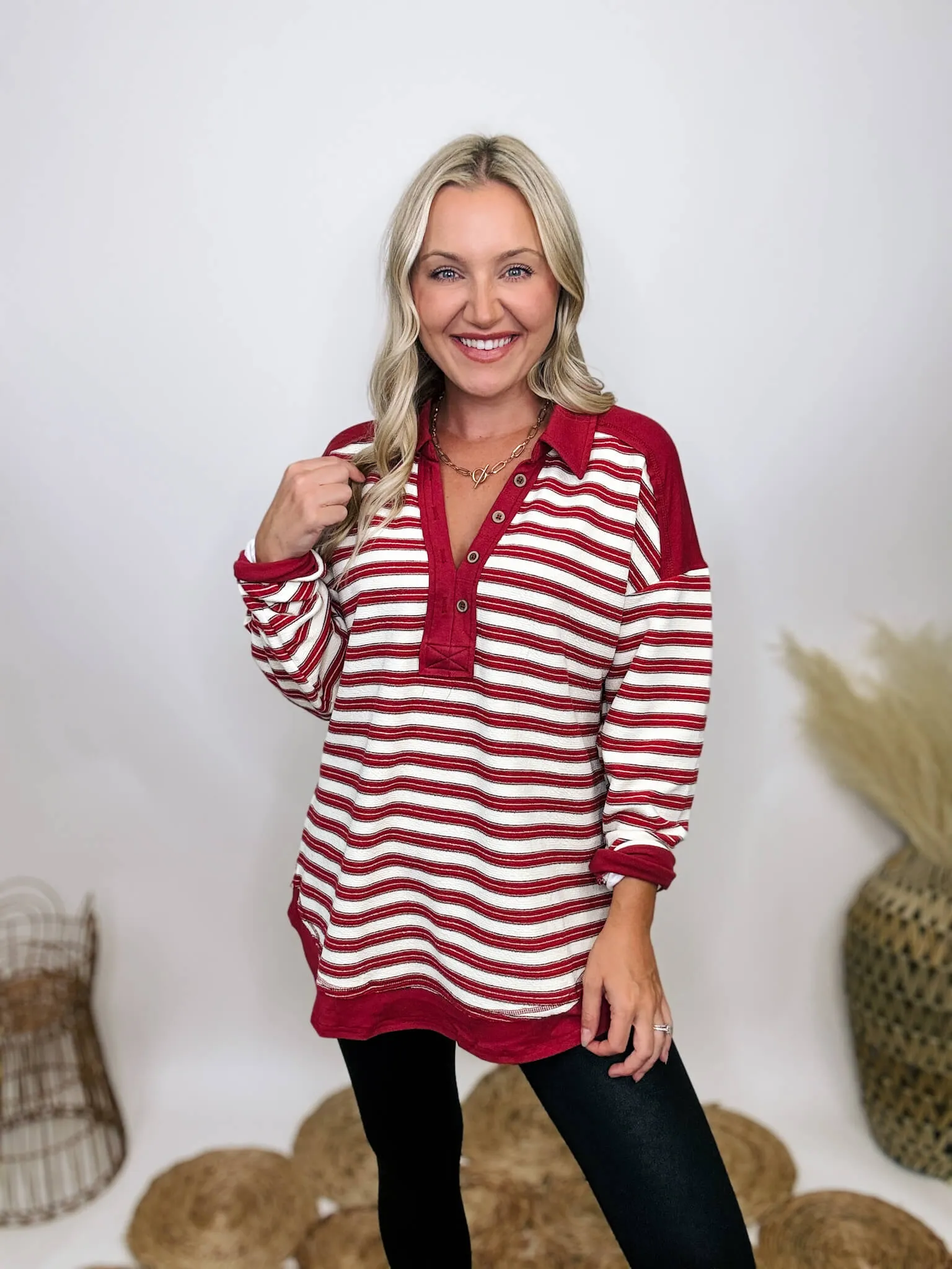 Red Striped Oversized Collared V-Neck Pullover with Button Details