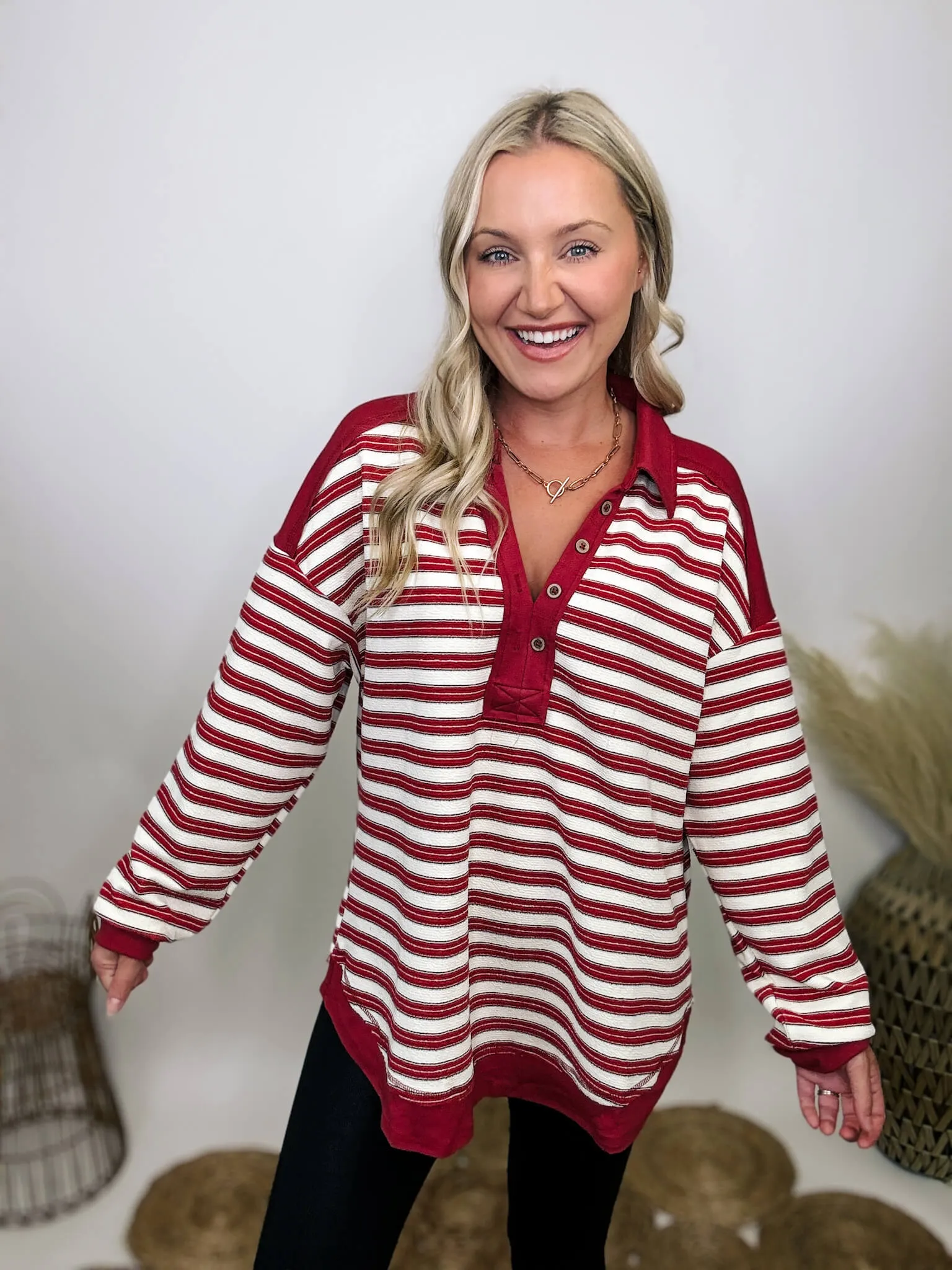 Red Striped Oversized Collared V-Neck Pullover with Button Details