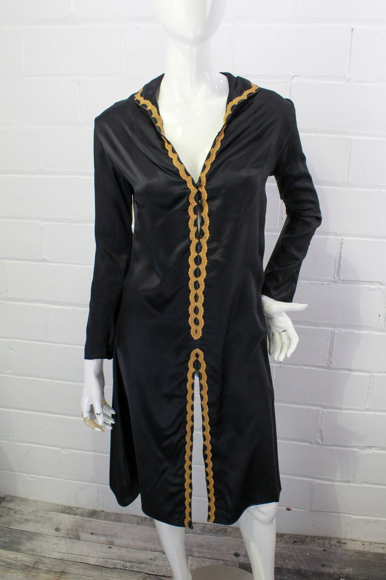 Reproduction 1930s-Style Black Liquid Satin Long Sleeve Tunic Dress, Small