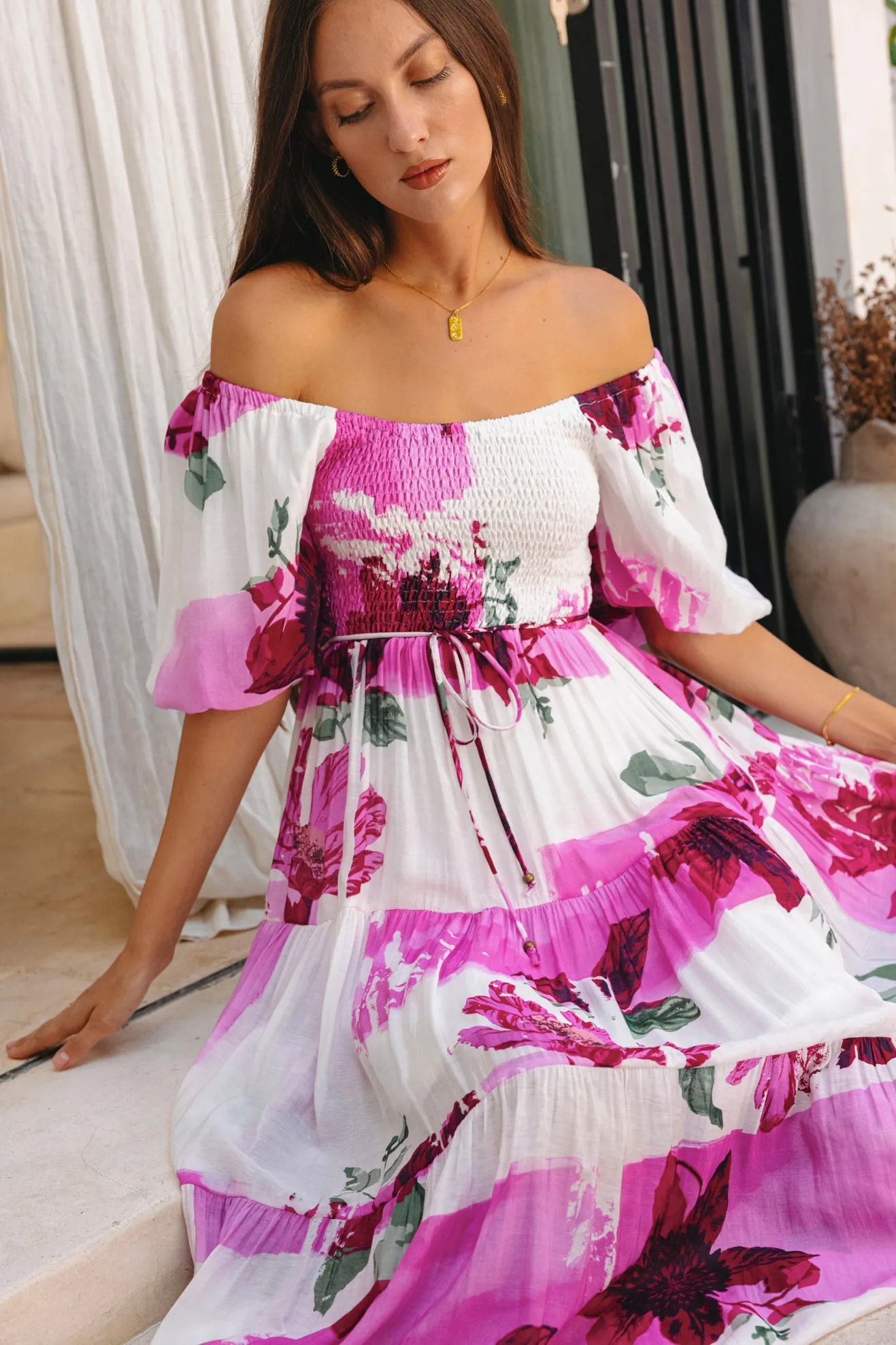 Roselyn Pink Floral Puff Sleeve Midi Dress