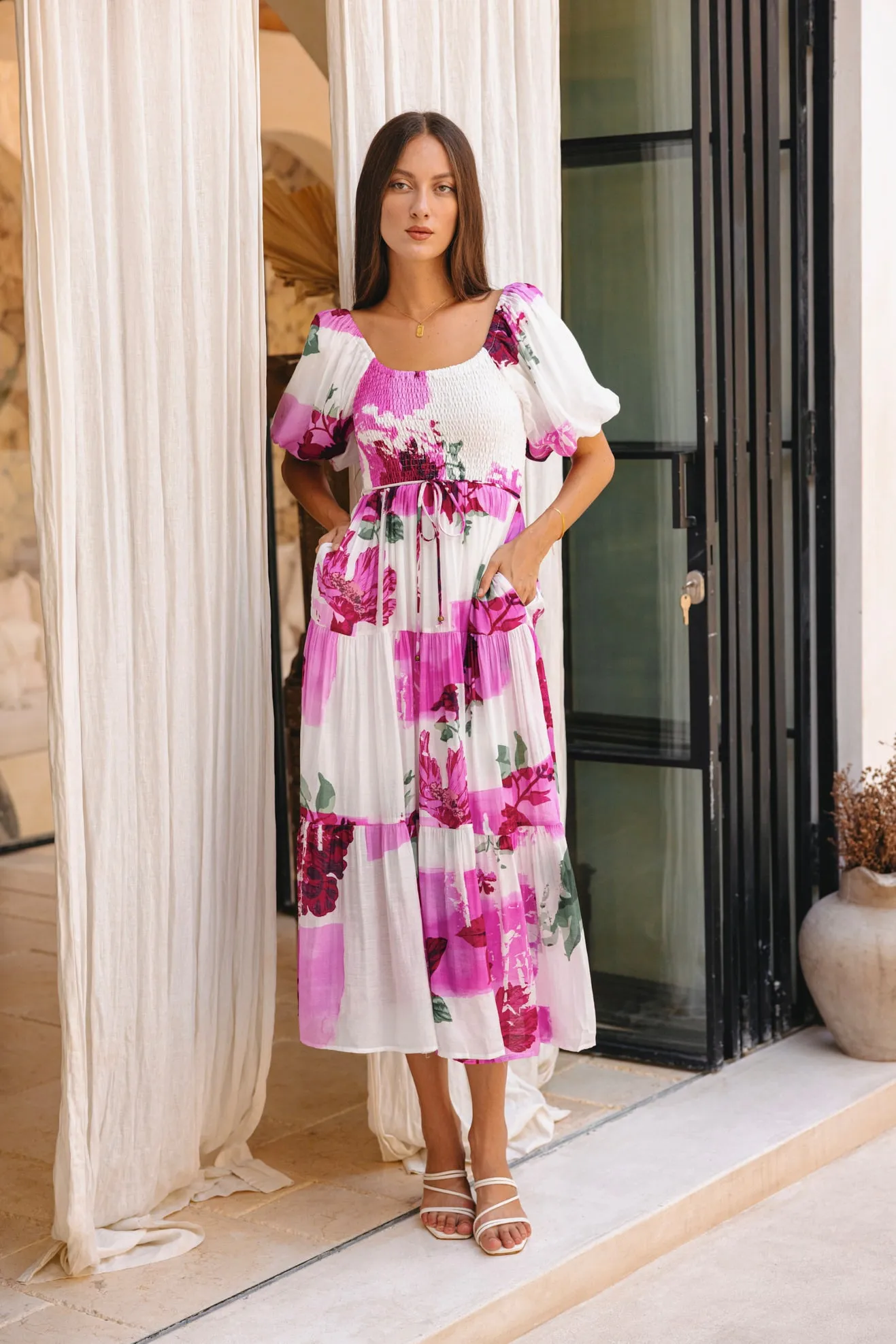 Roselyn Pink Floral Puff Sleeve Midi Dress