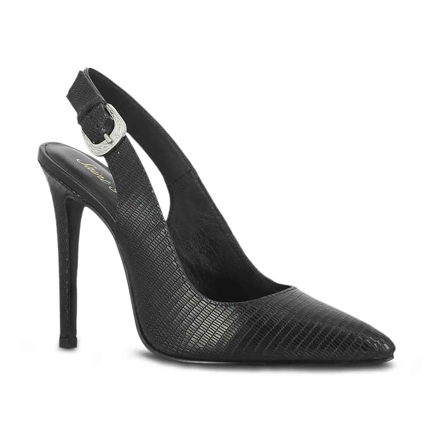 Saint Eilish Black Snake Print Leather Buckle Kitten Heels