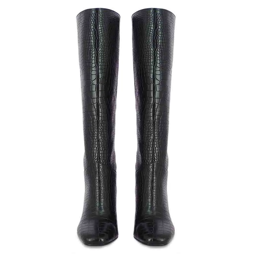 Saint Emily Black Croco Vegan Leather Long Boots