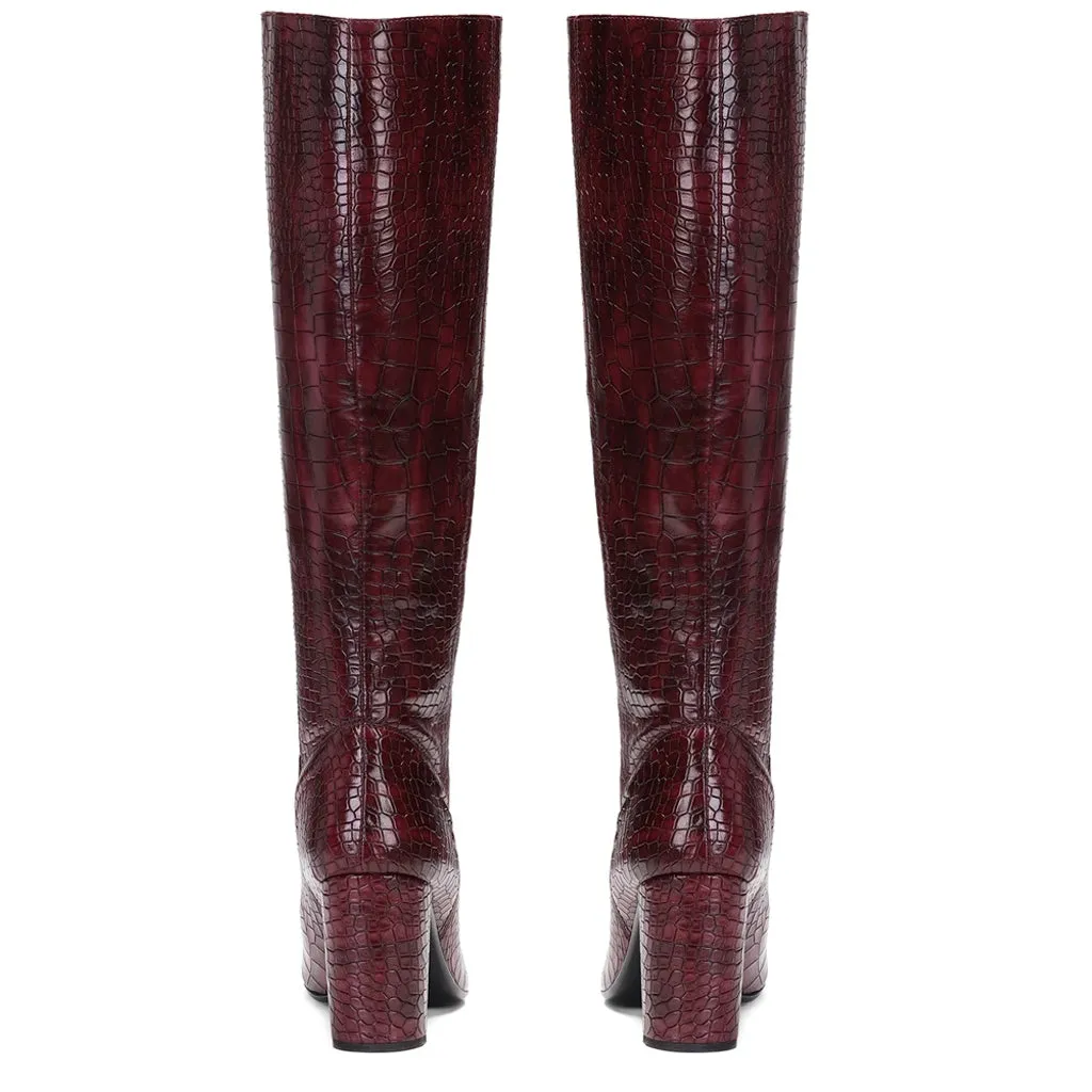 Saint Emily Burgundy Croco Vegan Leather Knee High Boots