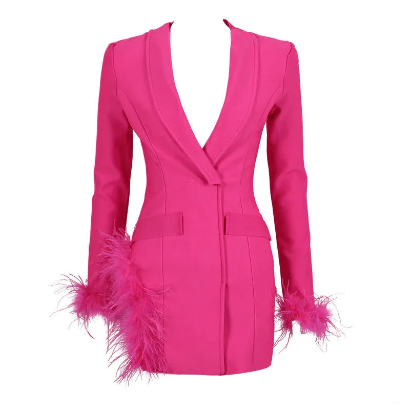 Sexy Faux Feather Trim Side Slit Shawl Collar Mini Tailored Blazer Dress - Hot Pink